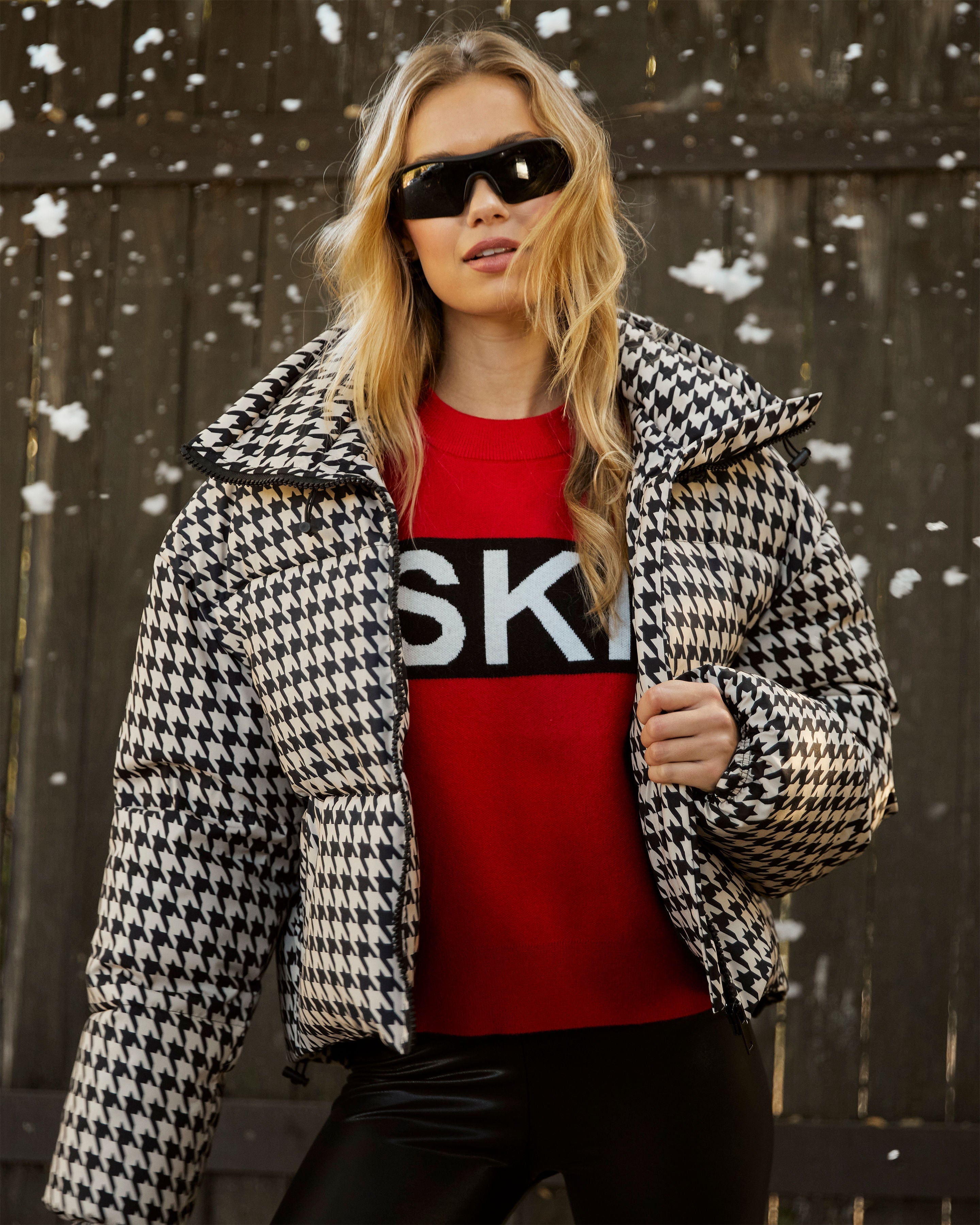 Donner-Pufferjacke mit Hahnentrittmuster