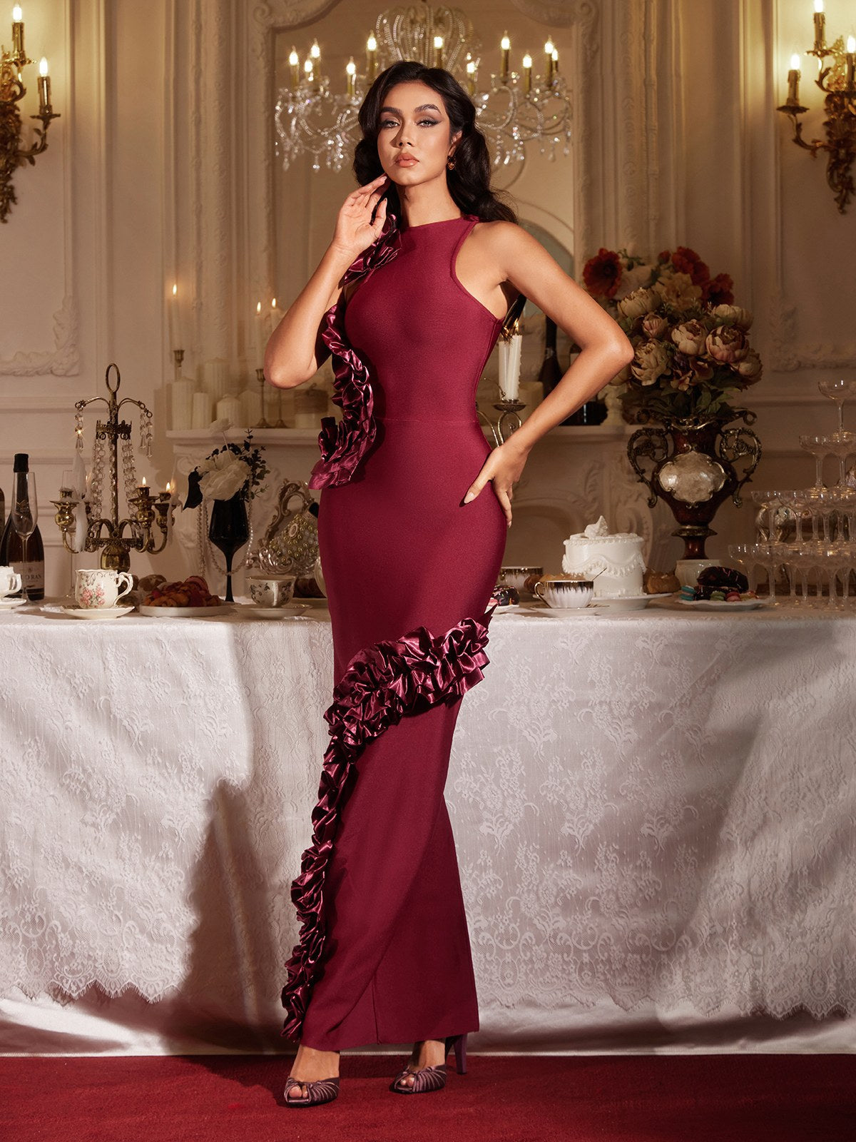 Filipe Sleeveless Ruffled Bandage Maxi Dress