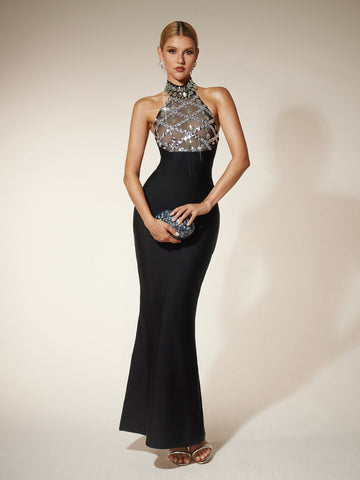 Firnix Crystal Sequin Bandage Maxi Dress 