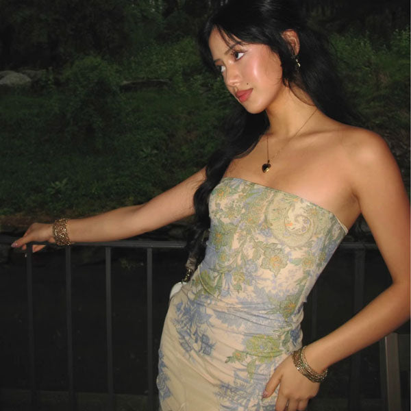 Lana Çiçekli Askısız Uzun Elbise