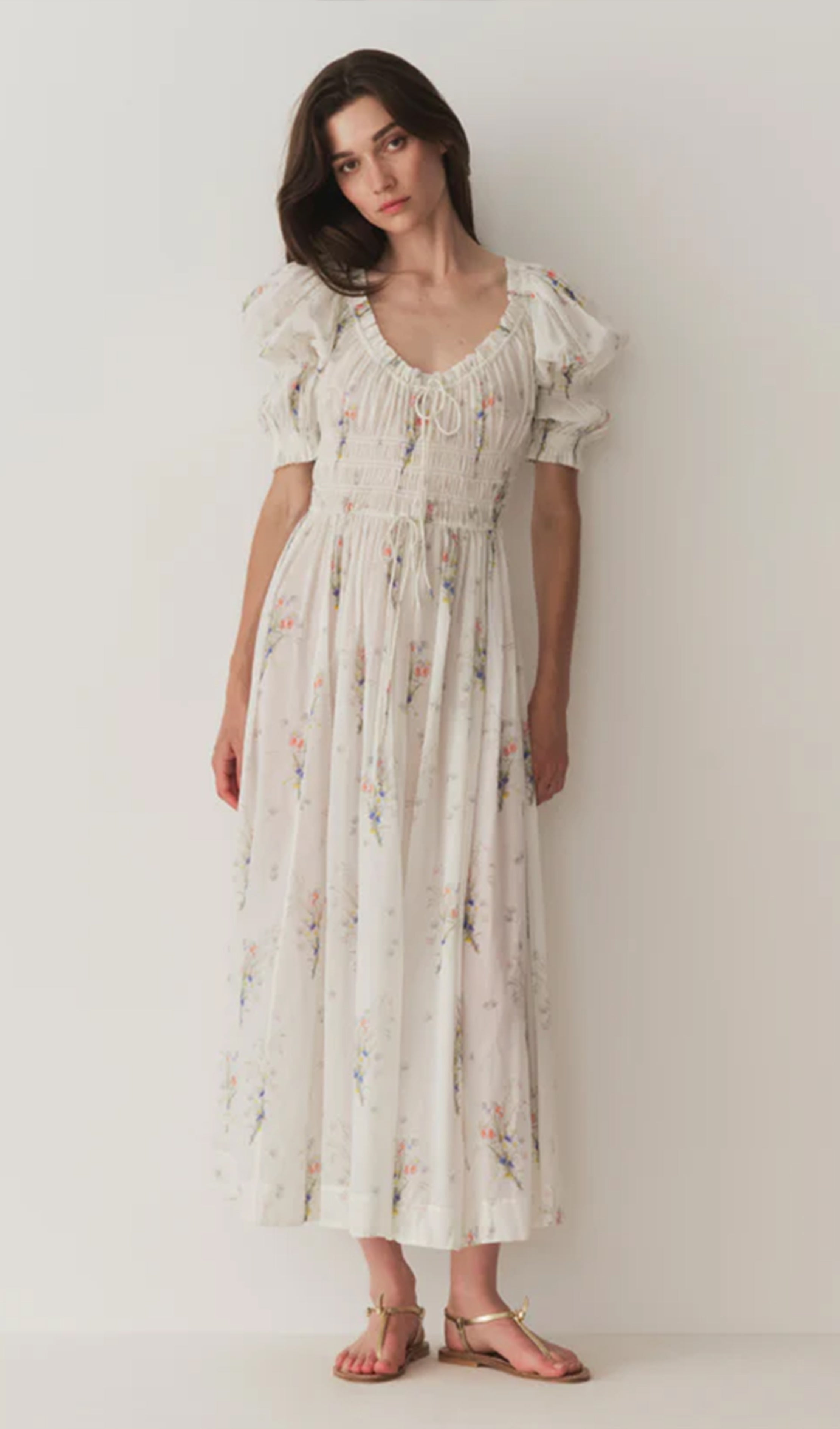 Midikleid aus Baumwolle mit Blumenmuster und kurzen Ärmeln