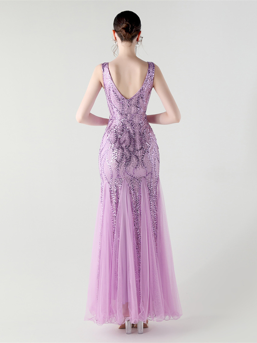 Ärmelloses Maxikleid aus indigofarbenem Pailletten-Mesh