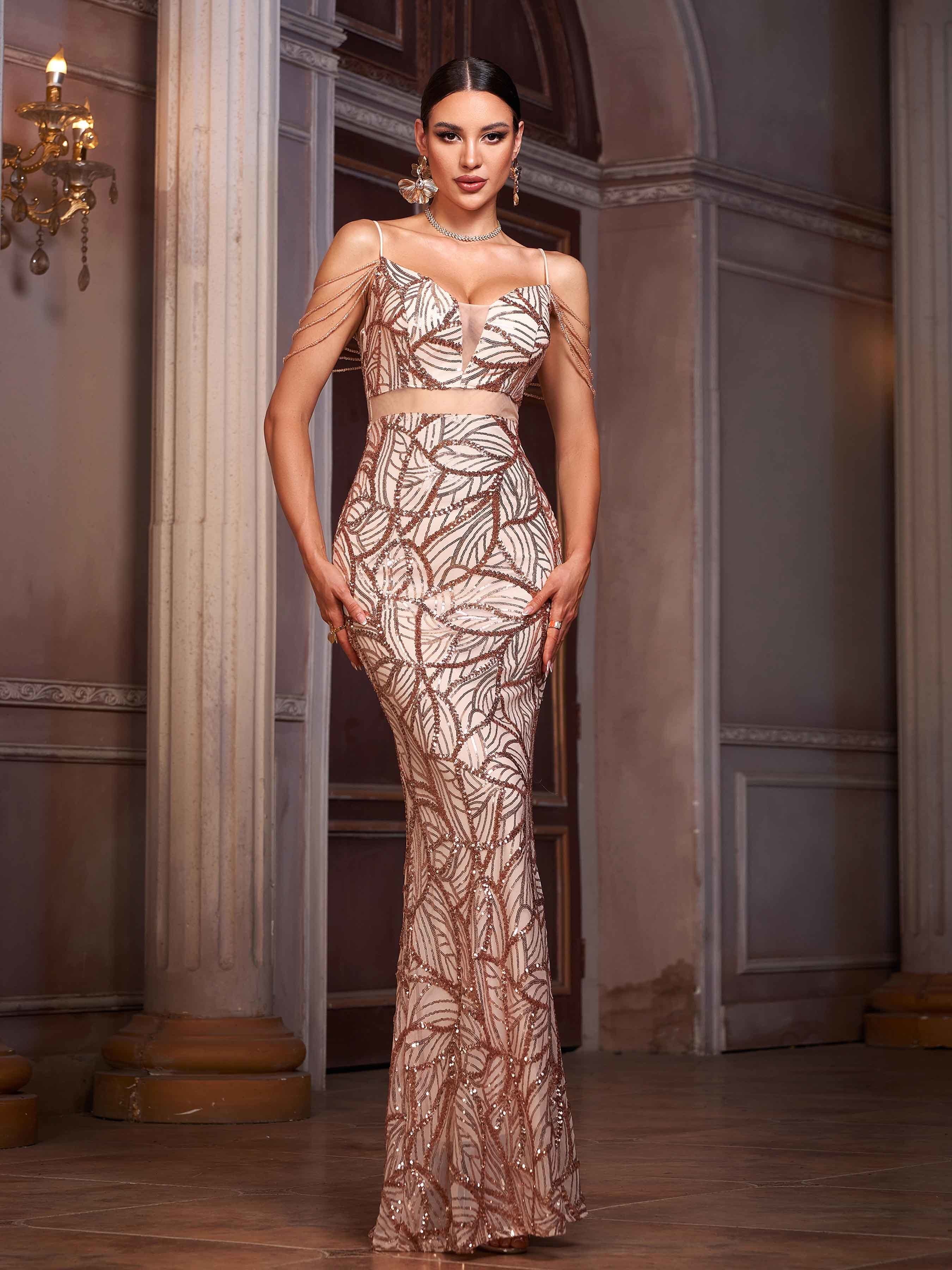 Maxikleid mit Paillettenmuster in Safranfarben
