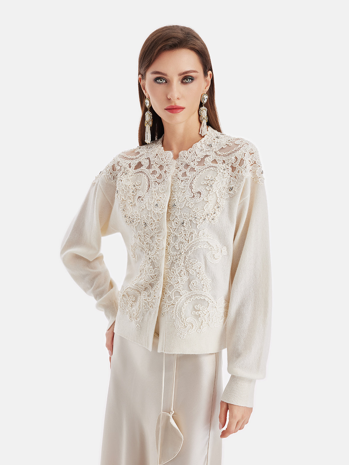 Cashmere Cardigan with Lace and Floral Embroidery