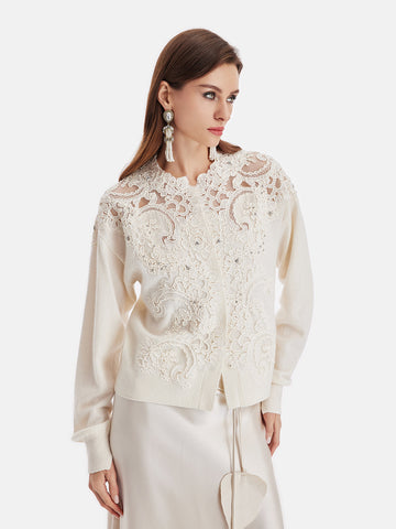 Cashmere Cardigan with Lace and Floral Embroidery