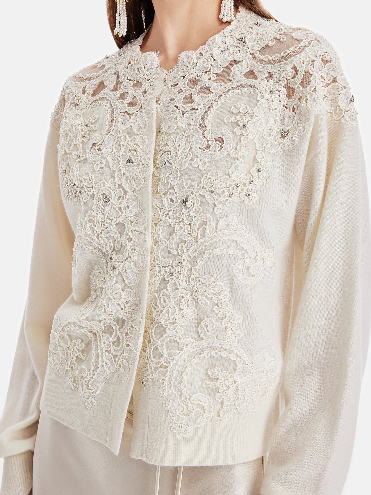 Cashmere Cardigan with Lace and Floral Embroidery