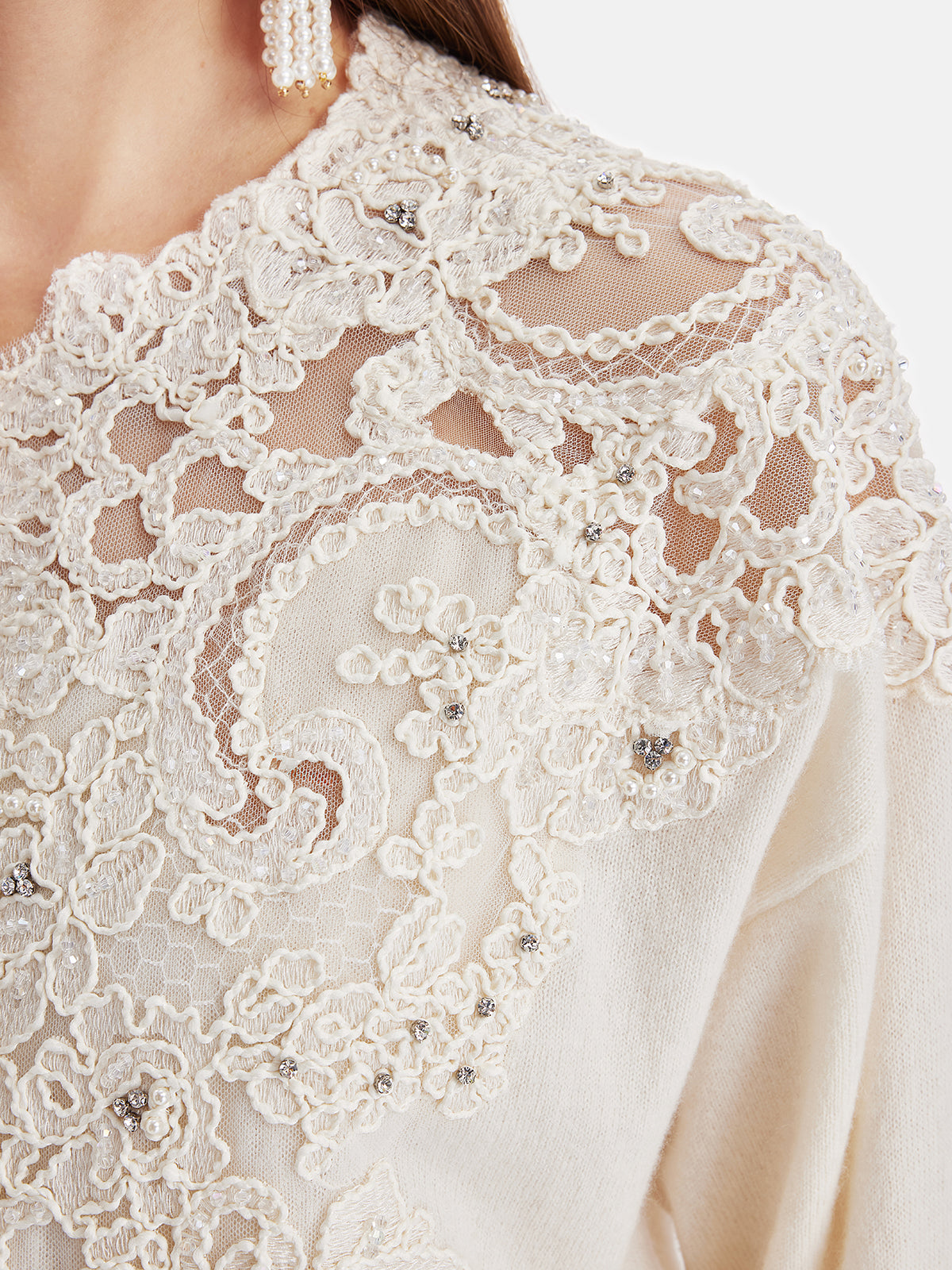Cashmere Cardigan with Lace and Floral Embroidery