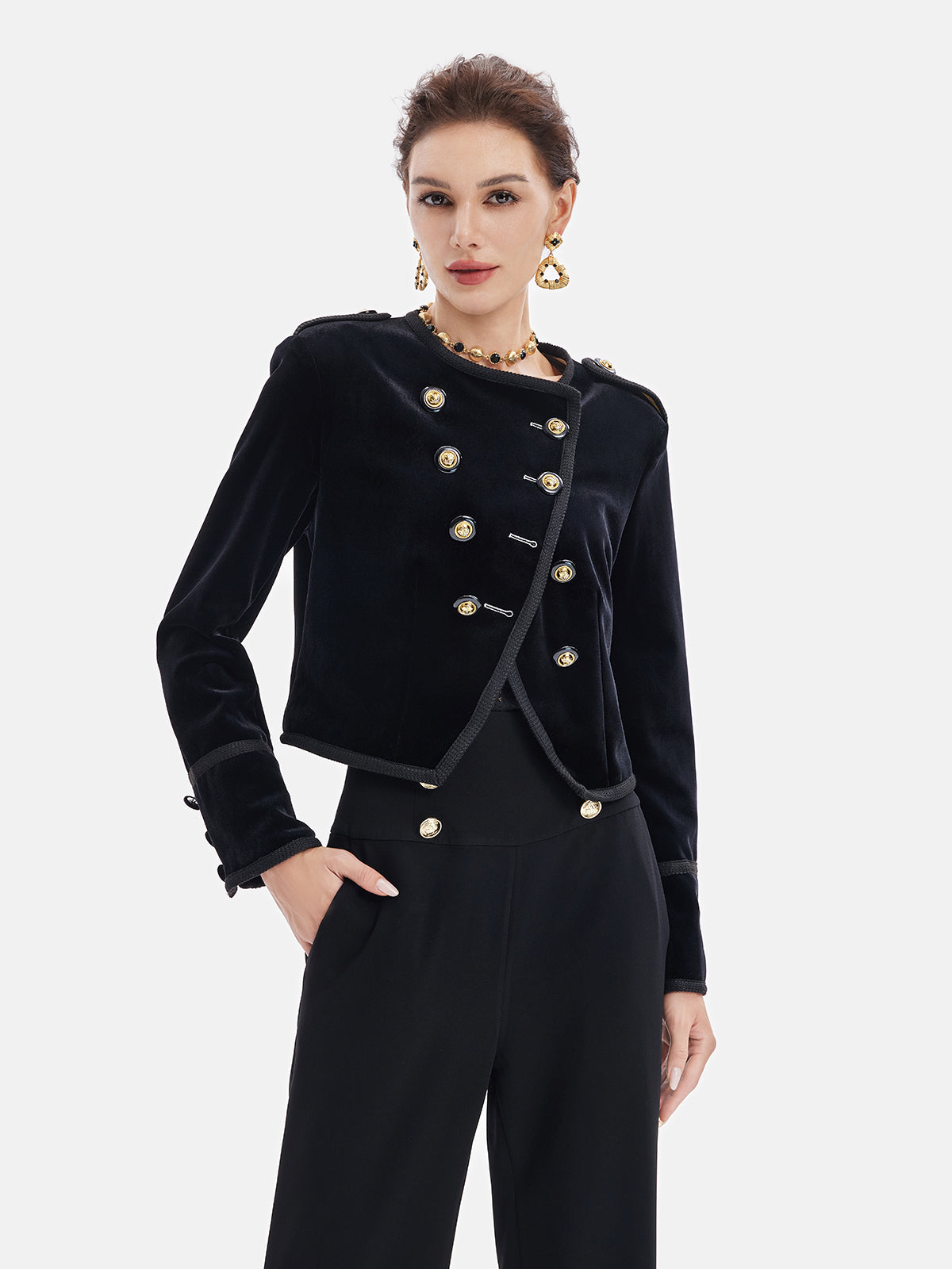 Retro-Samtjacke mit zweireihigem, asymmetrischem Schnitt