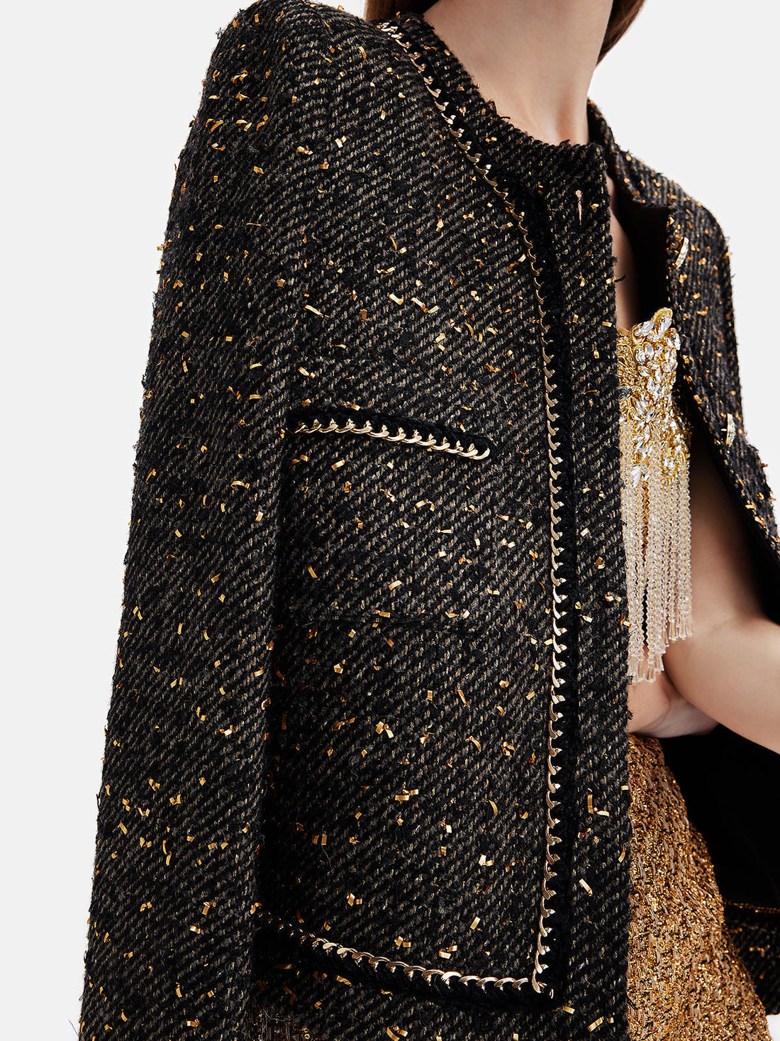 Gold Thread Leather Chain Trim Jacket