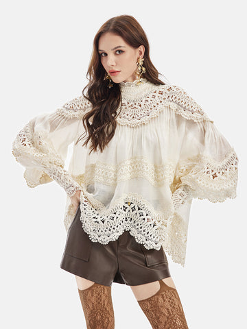 Lantern Blouse with Embroidered Sleeves and Lace