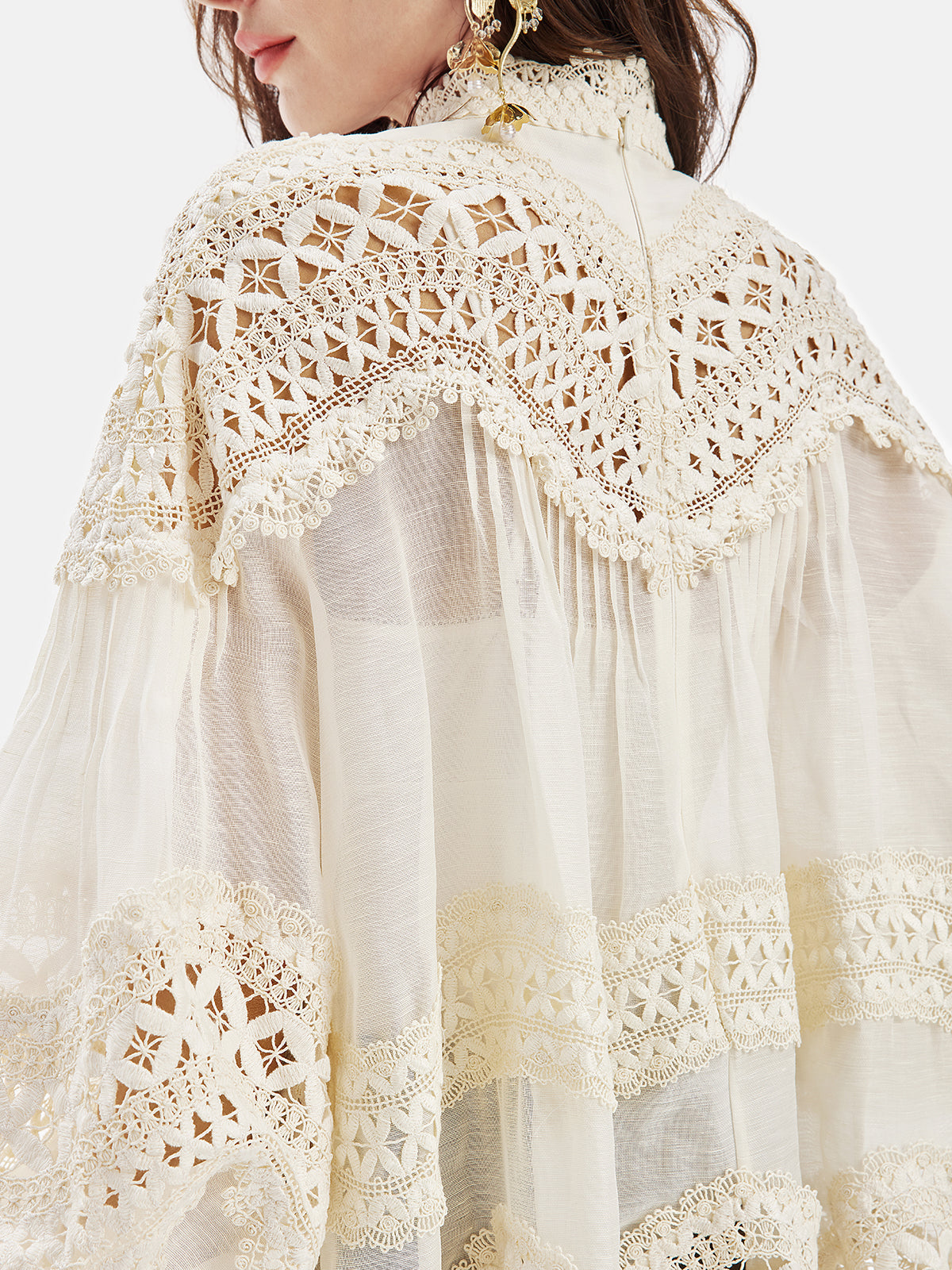 Lantern Blouse with Embroidered Sleeves and Lace