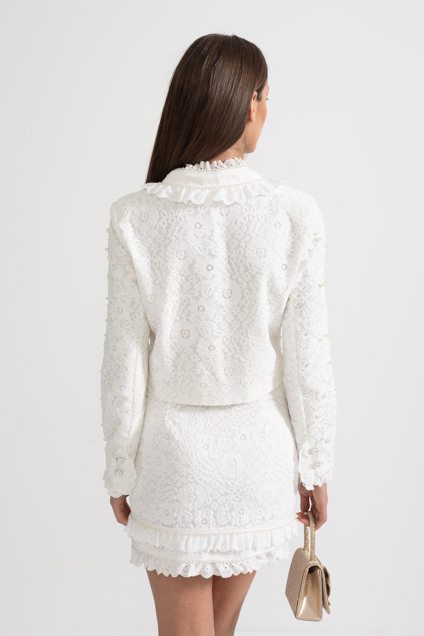 Zarif İnci İşlemeli İki Parçalı Şık Takım - Beyaz