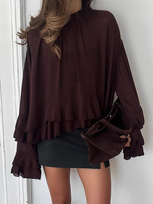 Transparent Turtleneck Ruffled Chiffon Blouse
