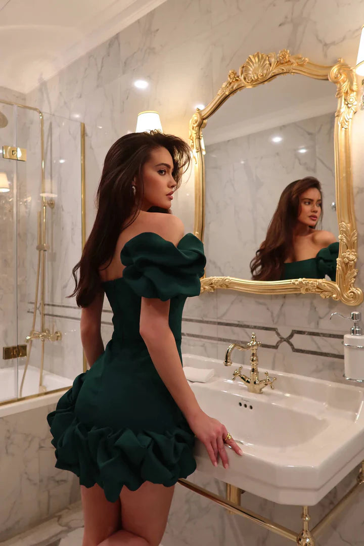 Romantik Lale Bel Askısız Mini Elbise