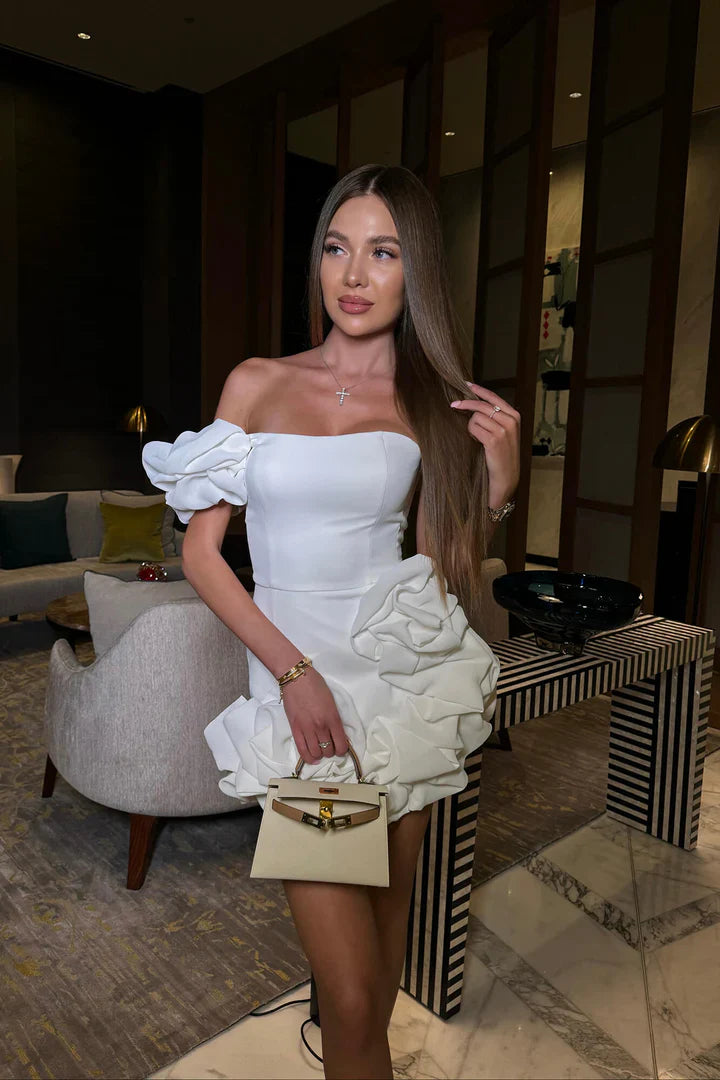 Romantik Lale Bel Askısız Mini Elbise