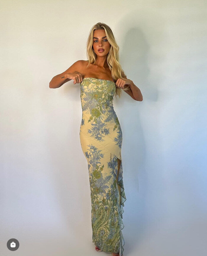 Lana Çiçekli Askısız Uzun Elbise