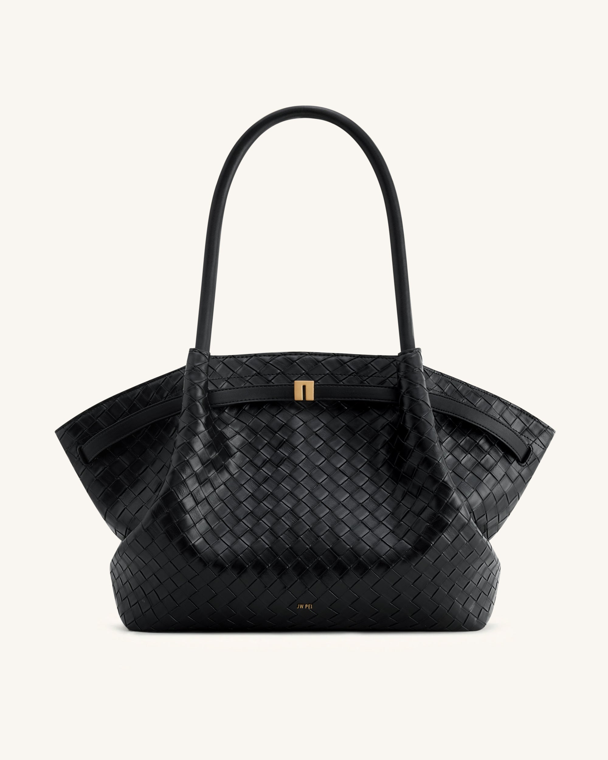 Hana Large Woven Textured Vegan Leather Tote Bag – Black, Shoulder and Handbag