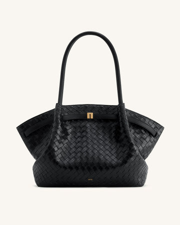 Hana Large Woven Textured Vegan Leather Tote Bag – Black, Shoulder and Handbag