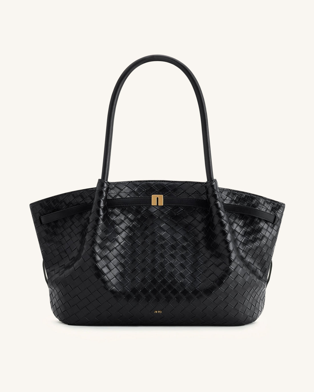 Hana Large Woven Textured Vegan Leather Tote Bag – Black, Shoulder and Handbag