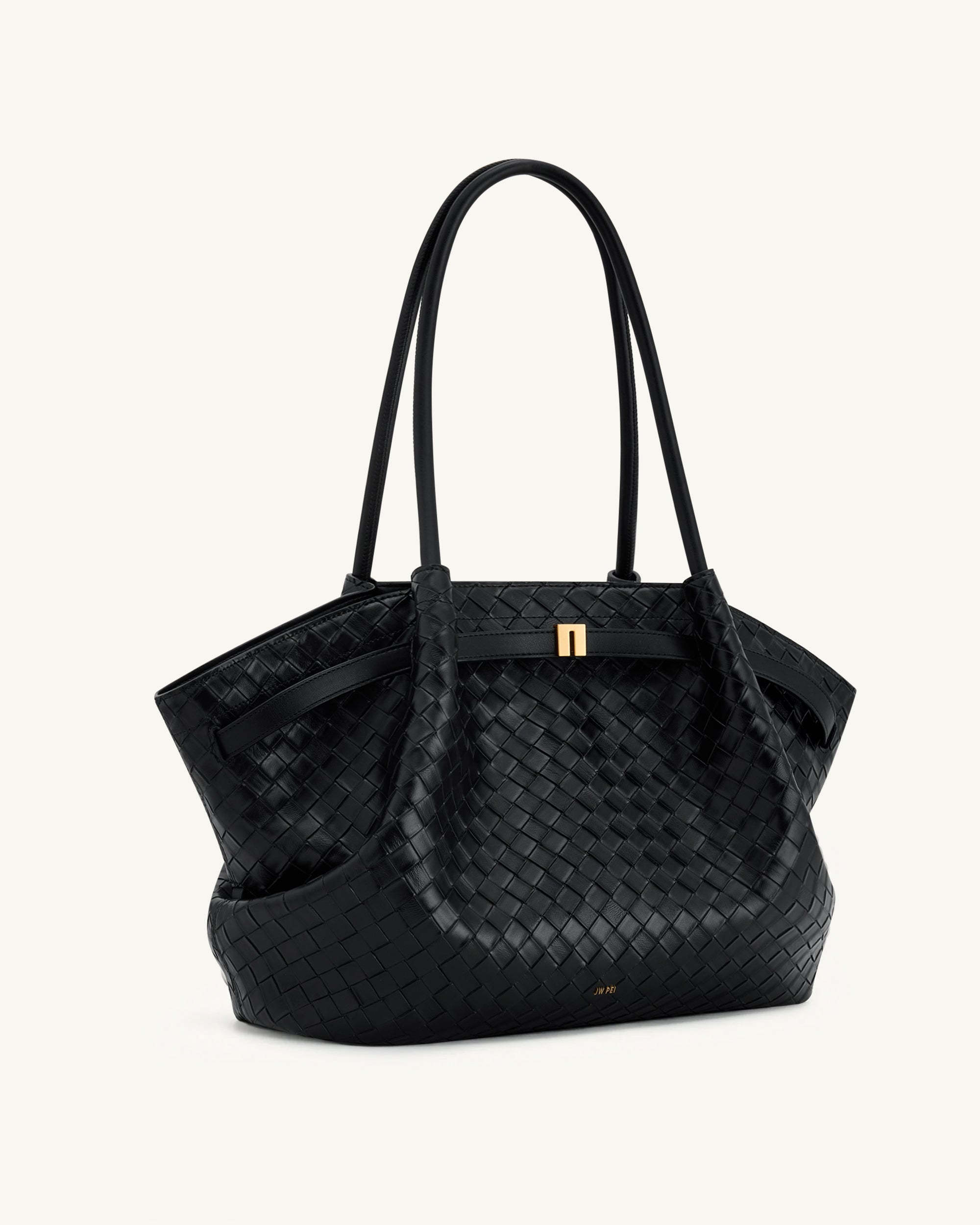 Hana Large Woven Textured Vegan Leather Tote Bag – Black, Shoulder and Handbag