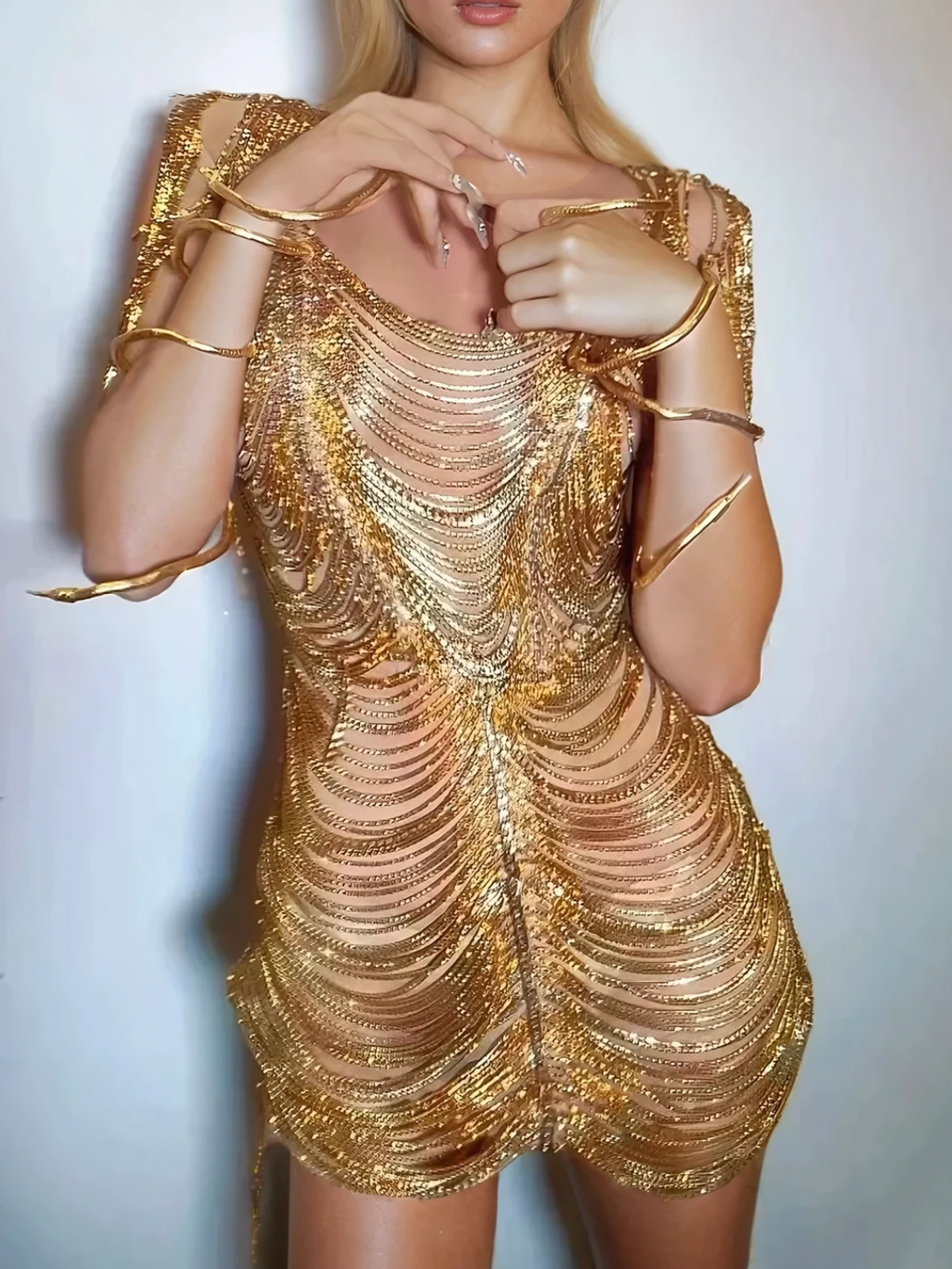 Janison Diamond Chain Knitted Mini Dress Gold