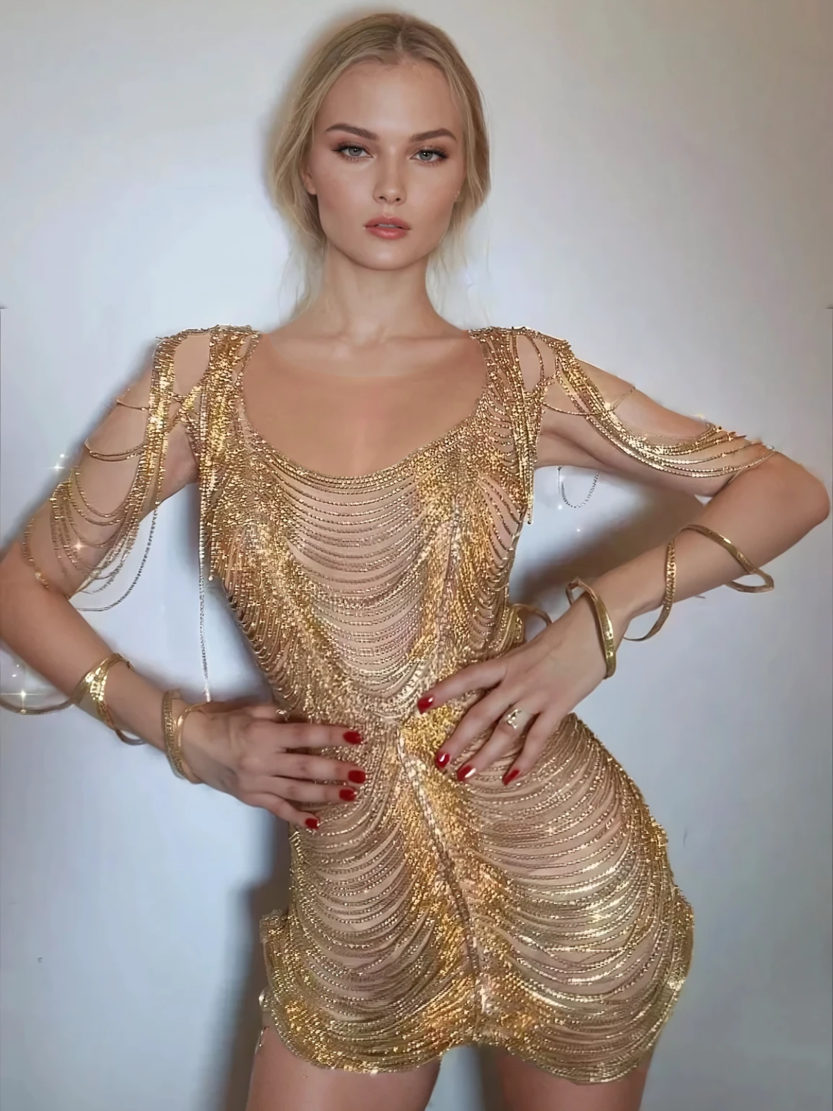 Janison Diamond Chain Knitted Mini Dress Gold