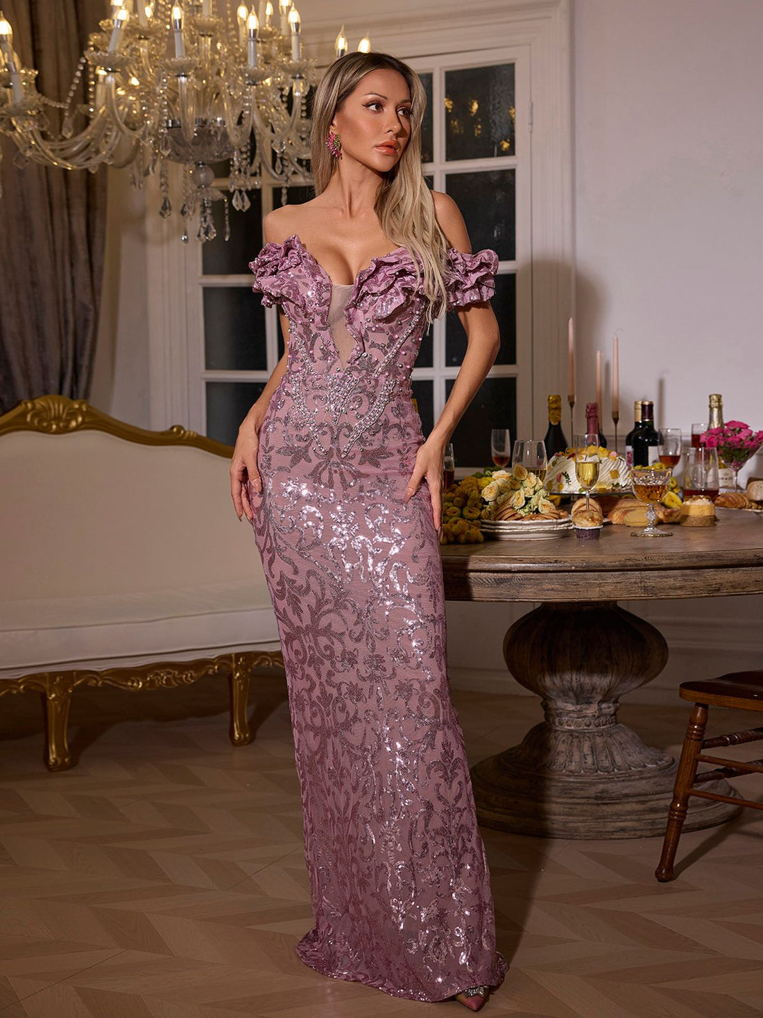 Kaprisha Off-Shoulder Sequin Ruffle Maxi Dress 