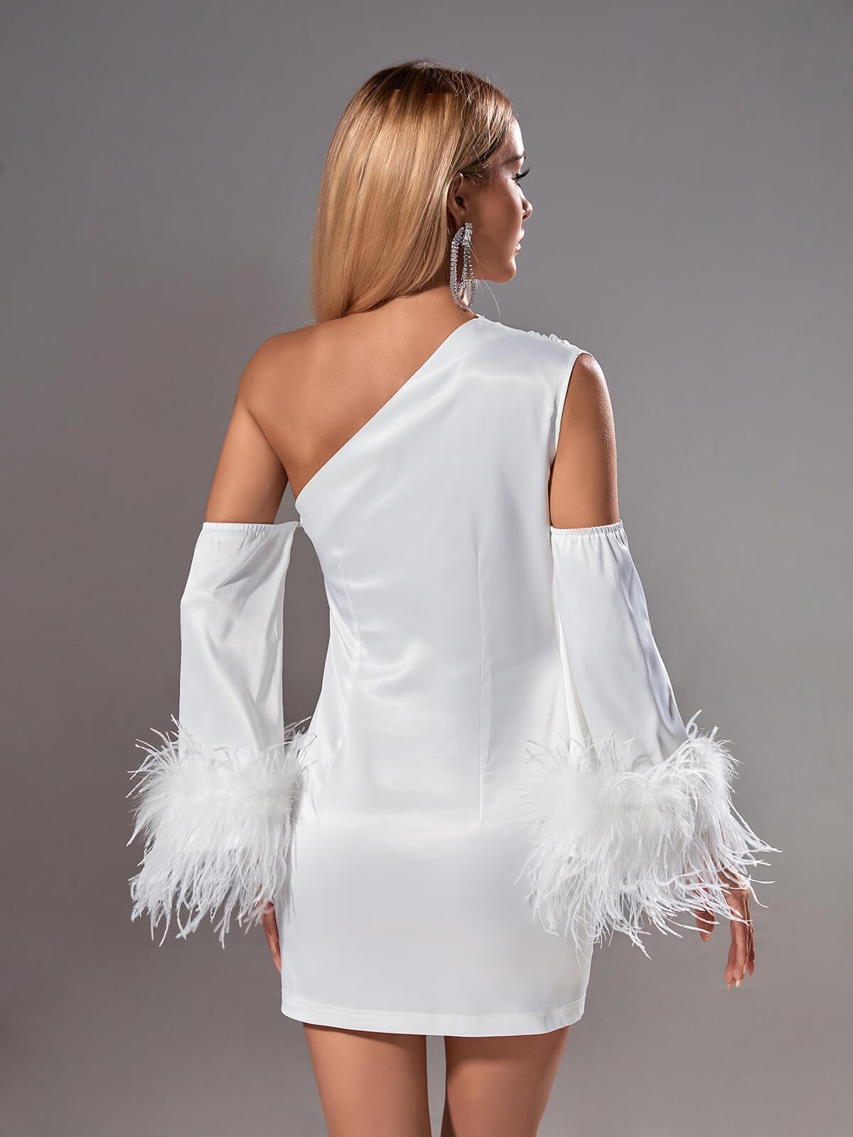 Klara Weißes Satin-Minikleid mit Federdetails