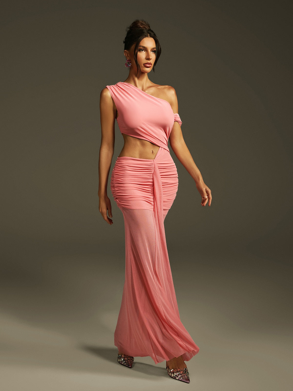 Lakia Maxikleid mit Cut-outs und Raffungen aus Mesh