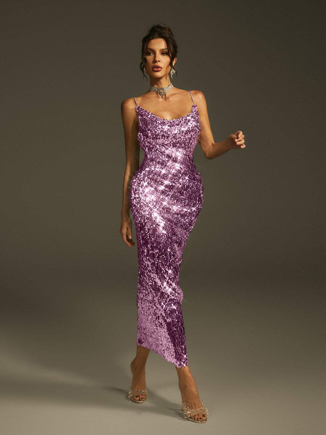 Laurie Spaghetti Sequin Midi Dress, Purple