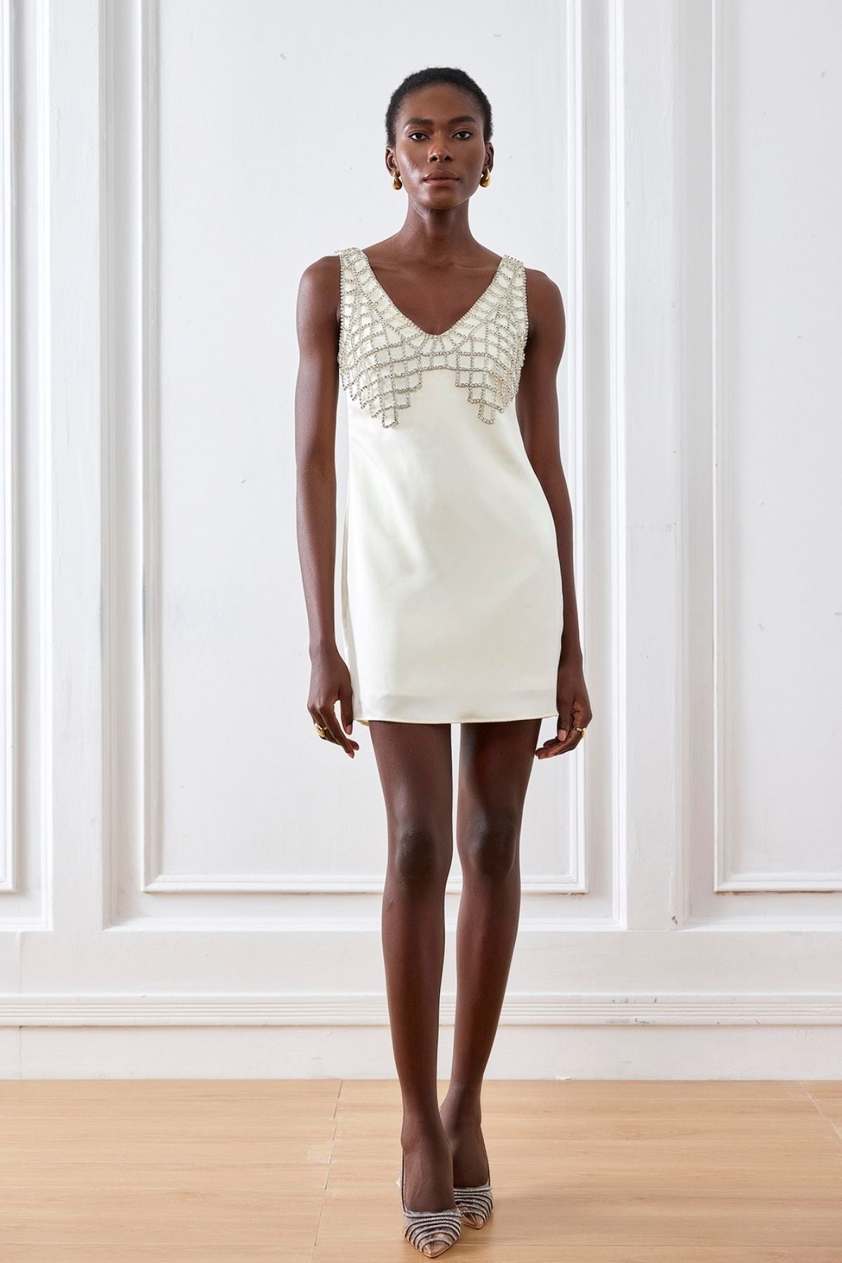Ledini V-Neck Crystal Mini Dress White