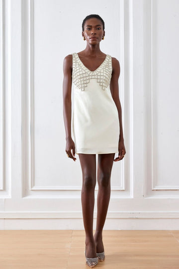 Ledini V-Neck Crystal Mini Dress White