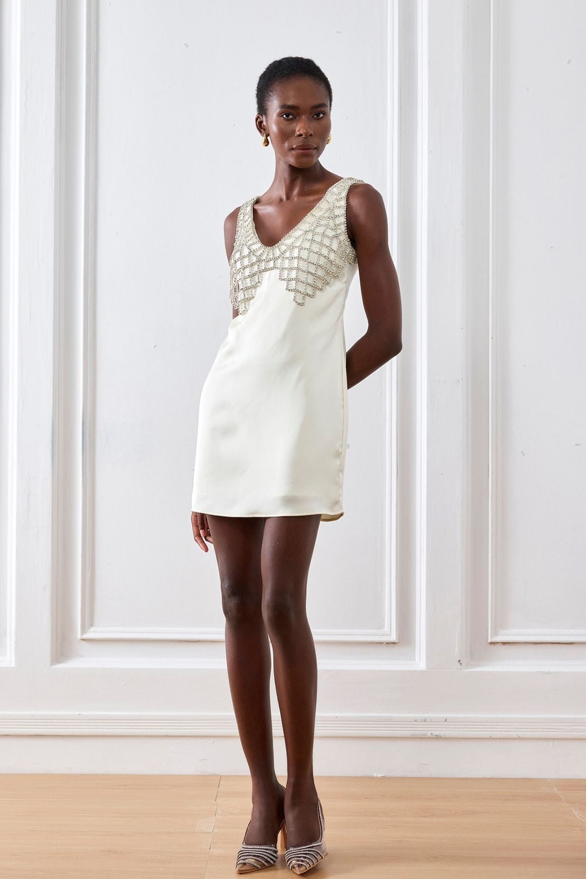 Ledini V-Neck Crystal Mini Dress White
