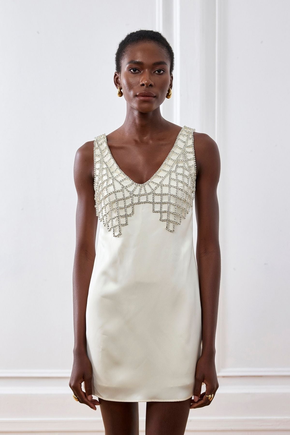Ledini V-Neck Crystal Mini Dress White
