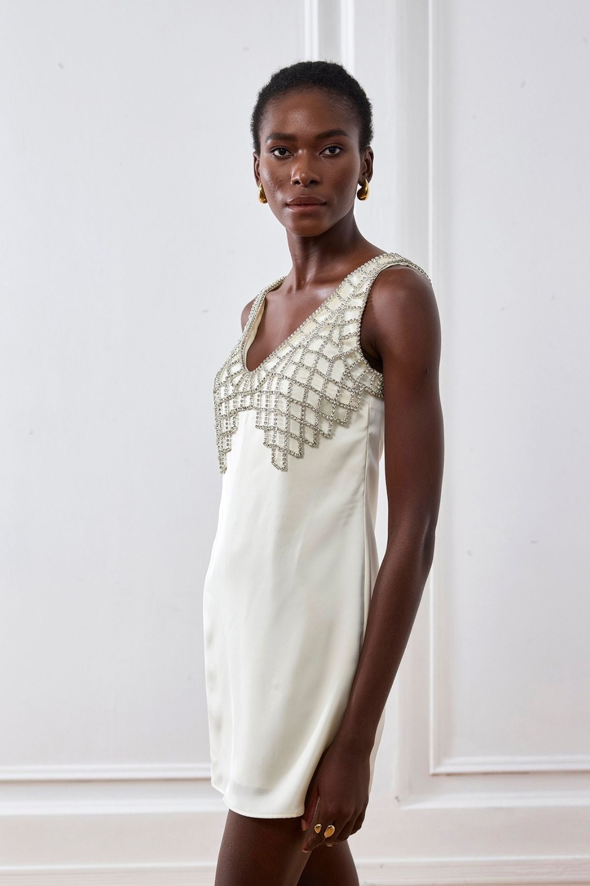 Ledini V-Neck Crystal Mini Dress White