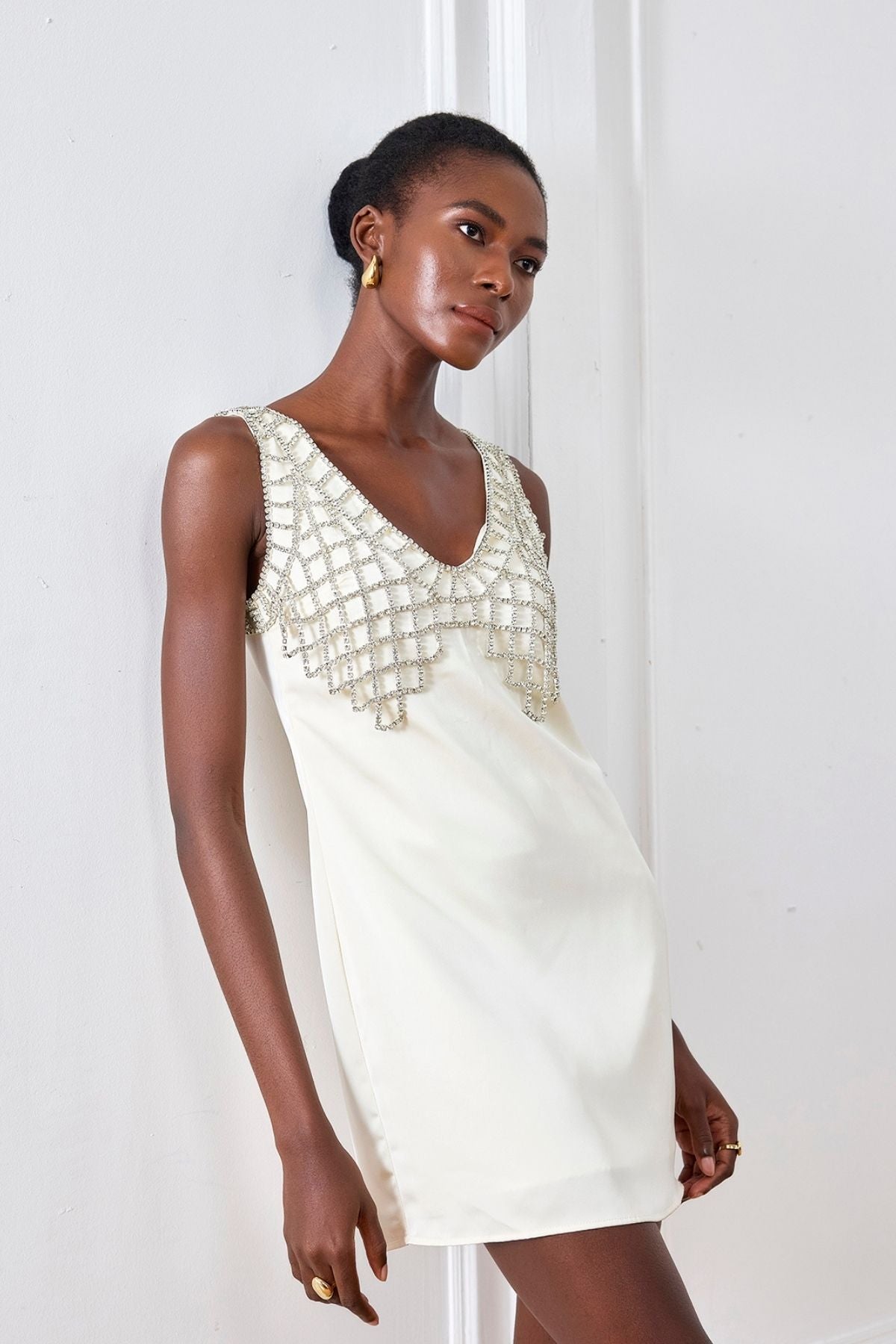 Ledini V-Neck Crystal Mini Dress White
