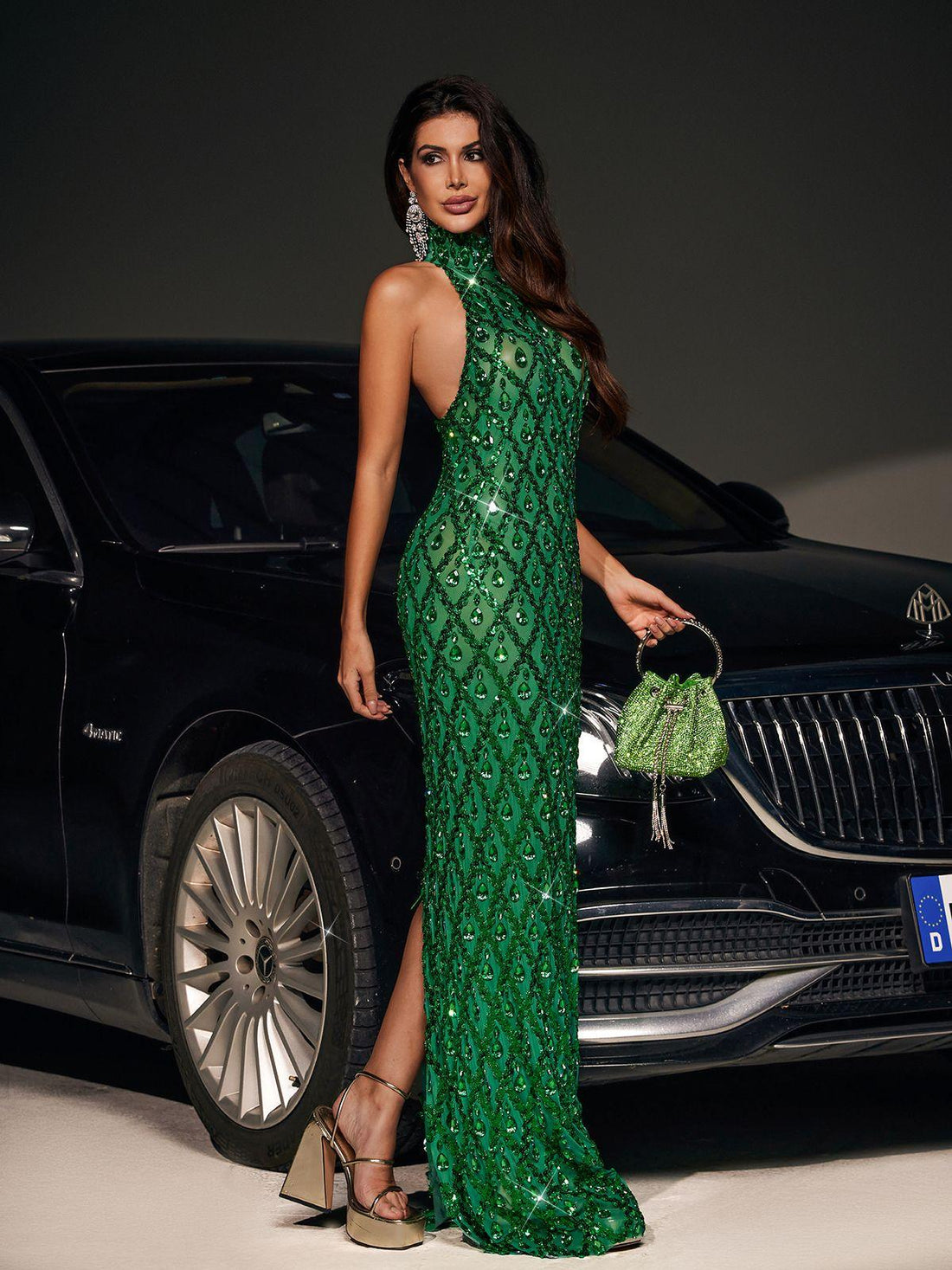Liora Sequin Crystal Maxi Dress Green