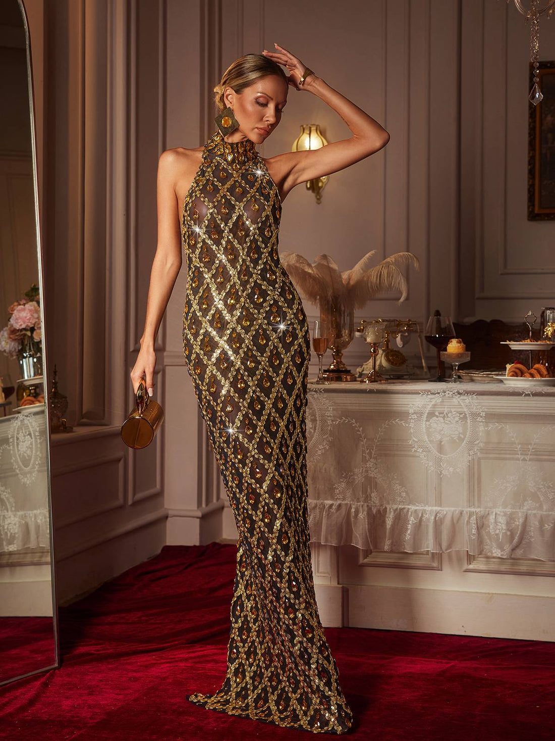 Liora Sequin Crystal Maxi Dress Gold