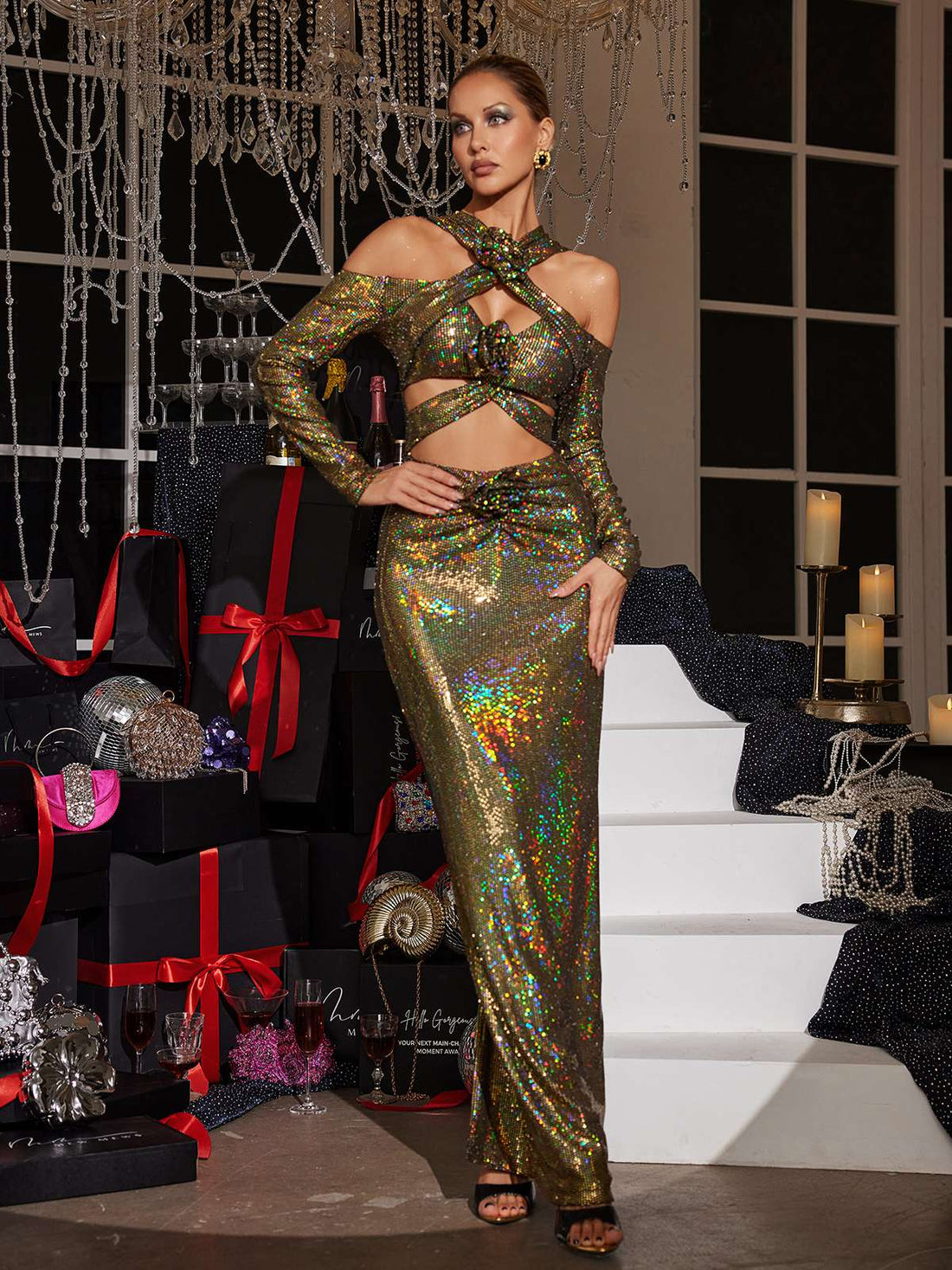 Lowen Floral Sequin Maxi Dress Olive