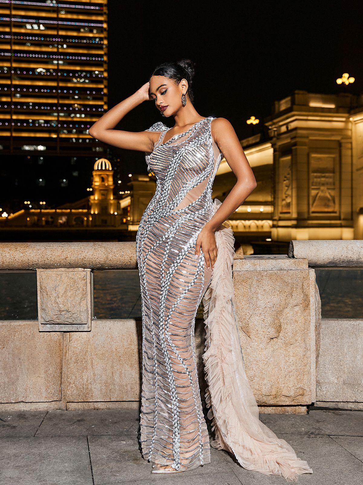 Lyda Pailletten-Maxikleid in Silber