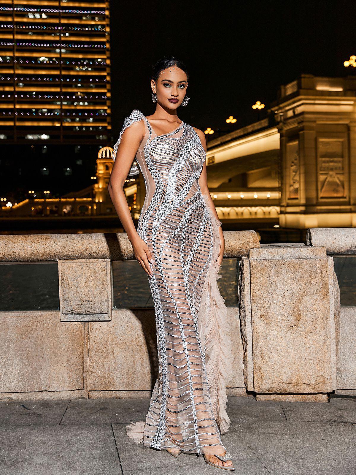 Lyda Pailletten-Maxikleid in Silber
