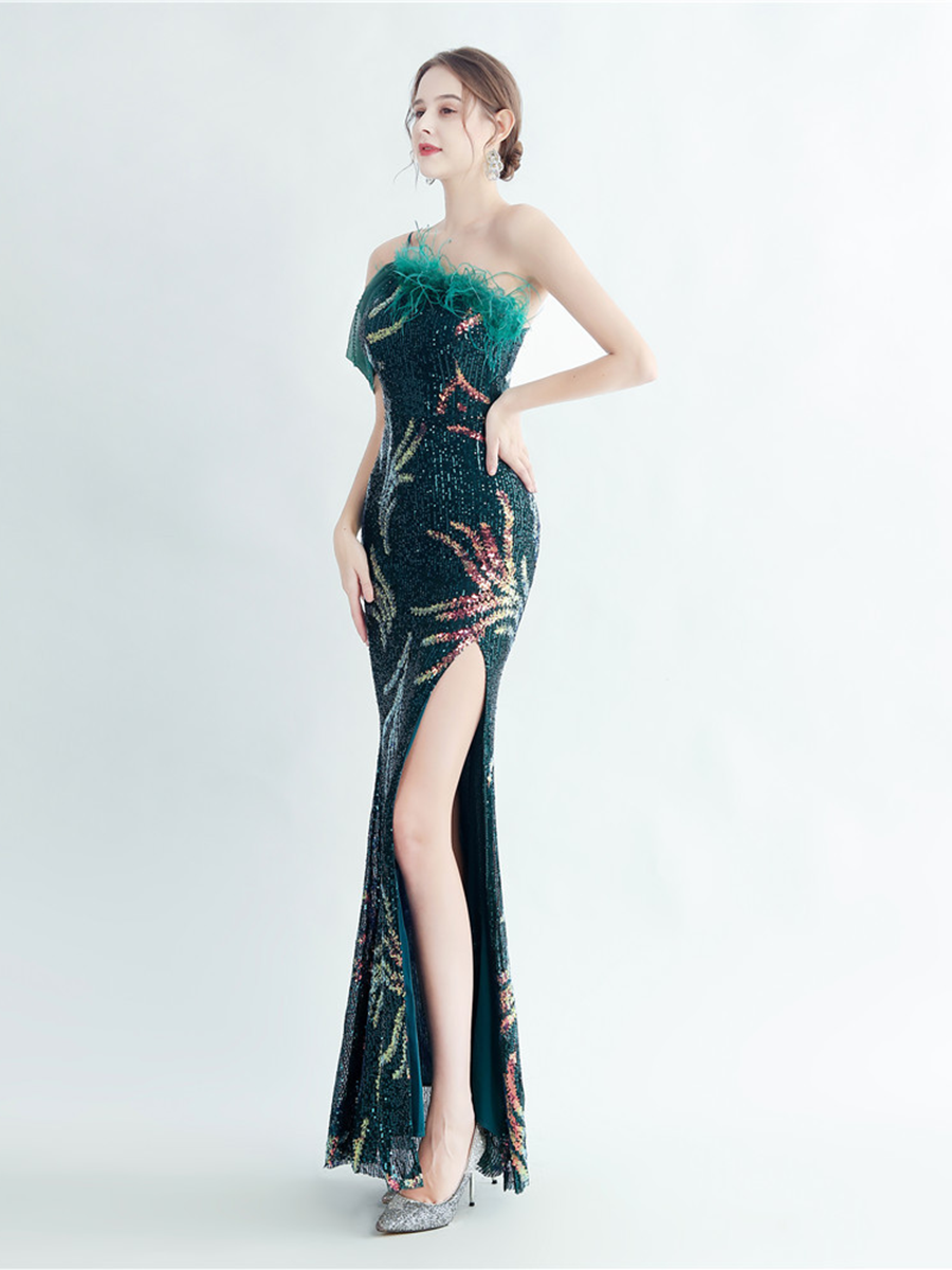 Elegantes Maxikleid Idalia mit Federverzierungen