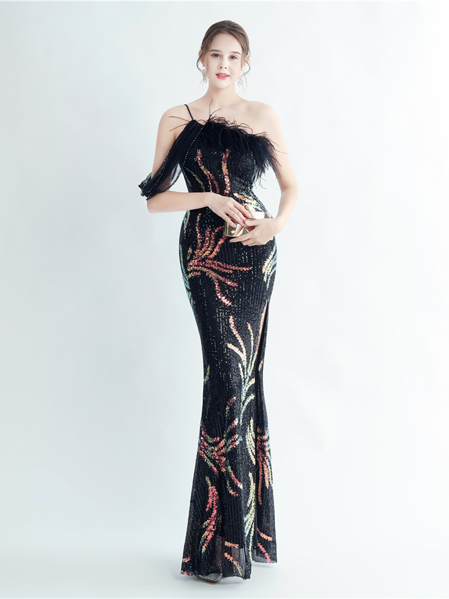 Elegantes Maxikleid Idalia mit Federverzierungen