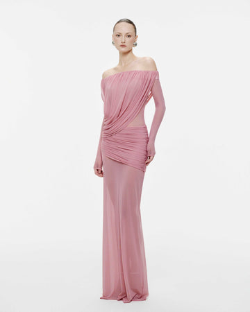 Apolline Drapeli Abiye Maxi Elbise-Pembe