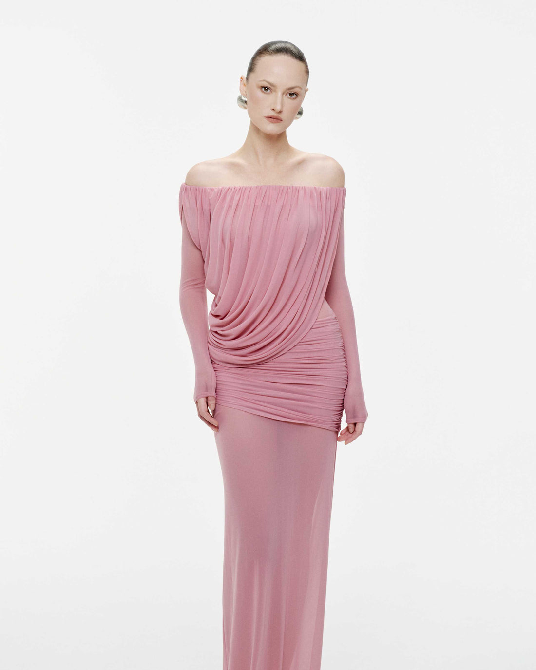 Apolline Drapeli Abiye Maxi Elbise-Pembe