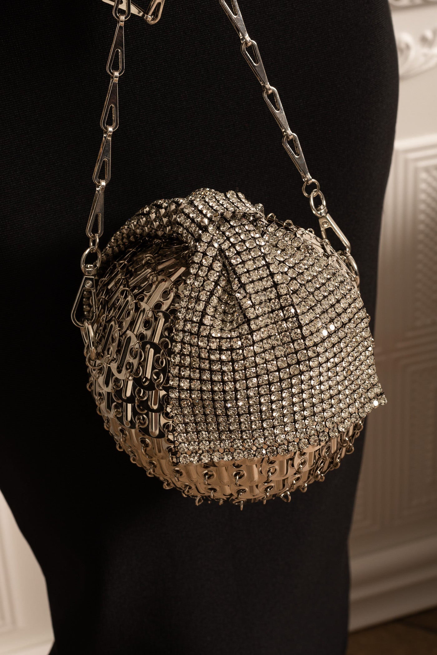 Sphere-Shaped Metallic Handbag with Glittery Embellishments - Silver