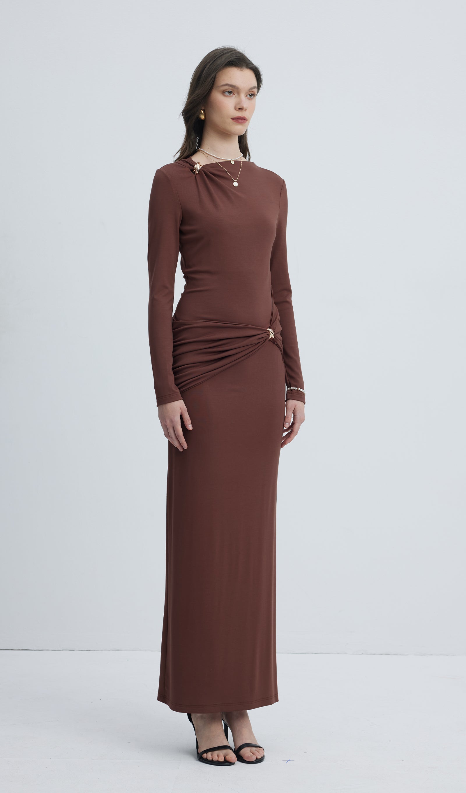 Jersey Seductive Fitted Maksi Elbise-Kahverengi