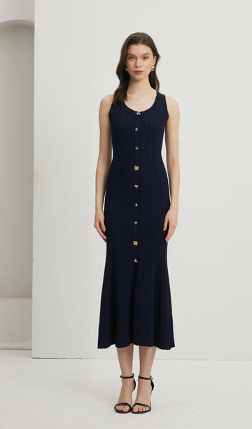 Metallic Buttoned Knitted Midi Dress 