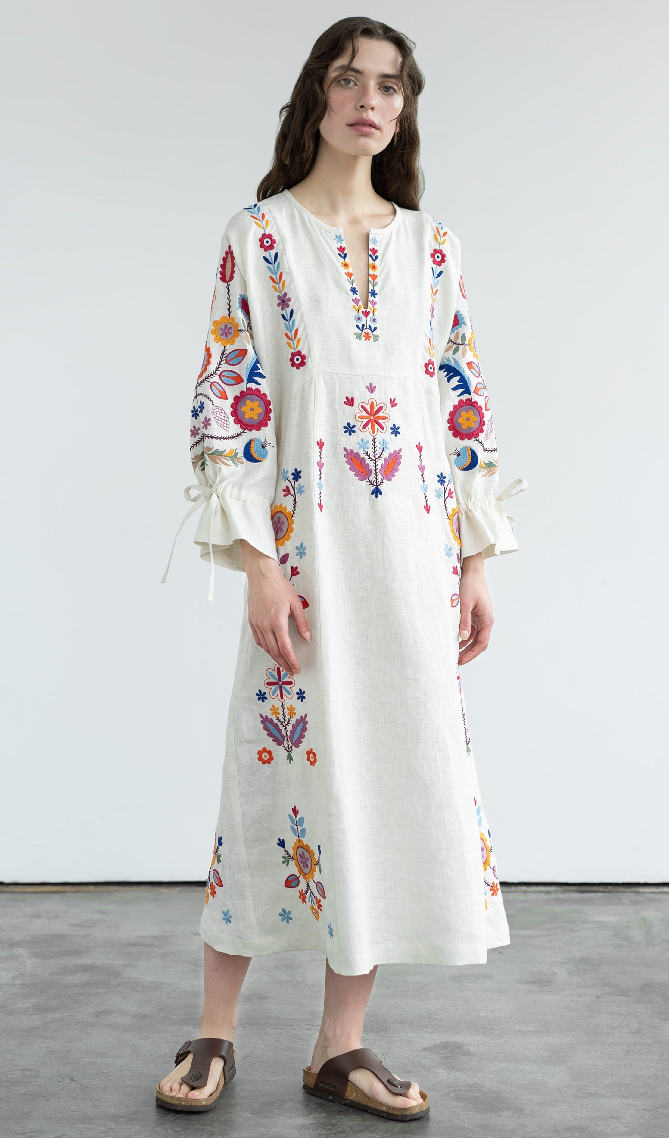 White Linen Midi Dress with Floral Embroidery