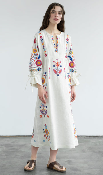 White Linen Midi Dress with Floral Embroidery